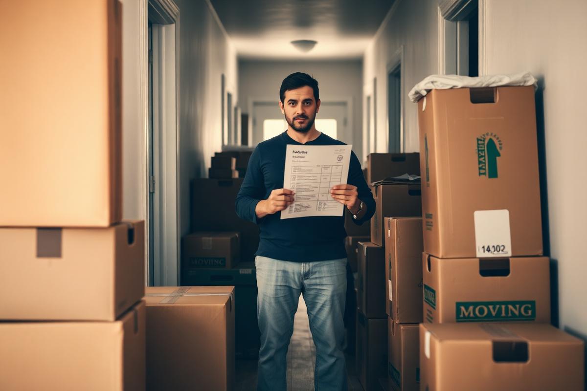 Person med checklista bland packade flyttkartonger
