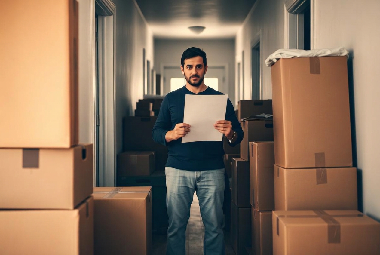 Person med checklista bland packade flyttkartonger