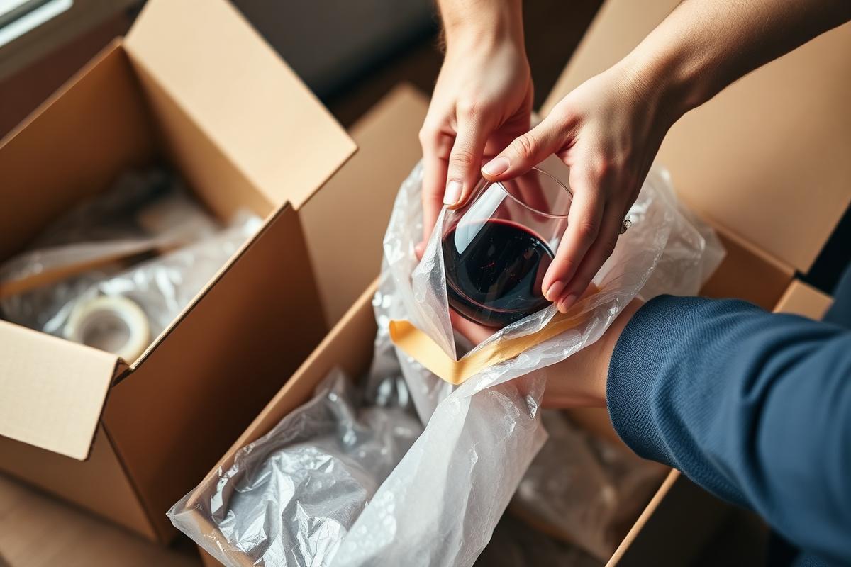 Händer som packar ett glas i skyddspapper vid en kartong