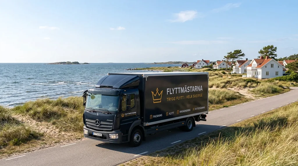 Flyttmästarnas flyttbil på en svensk kustväg