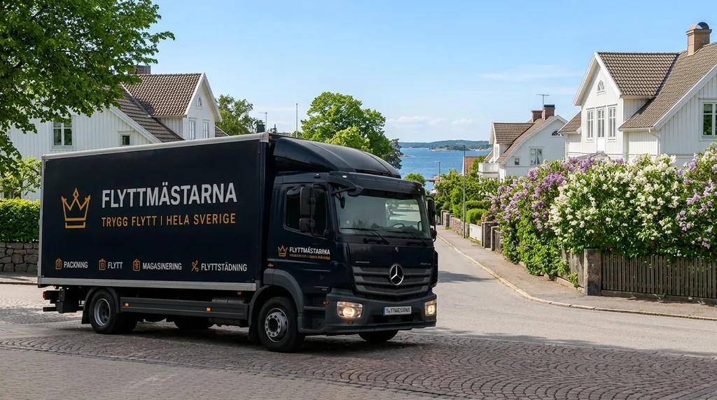 Flyttmästarnas flyttbil parkerad på en lummig svensk villagata