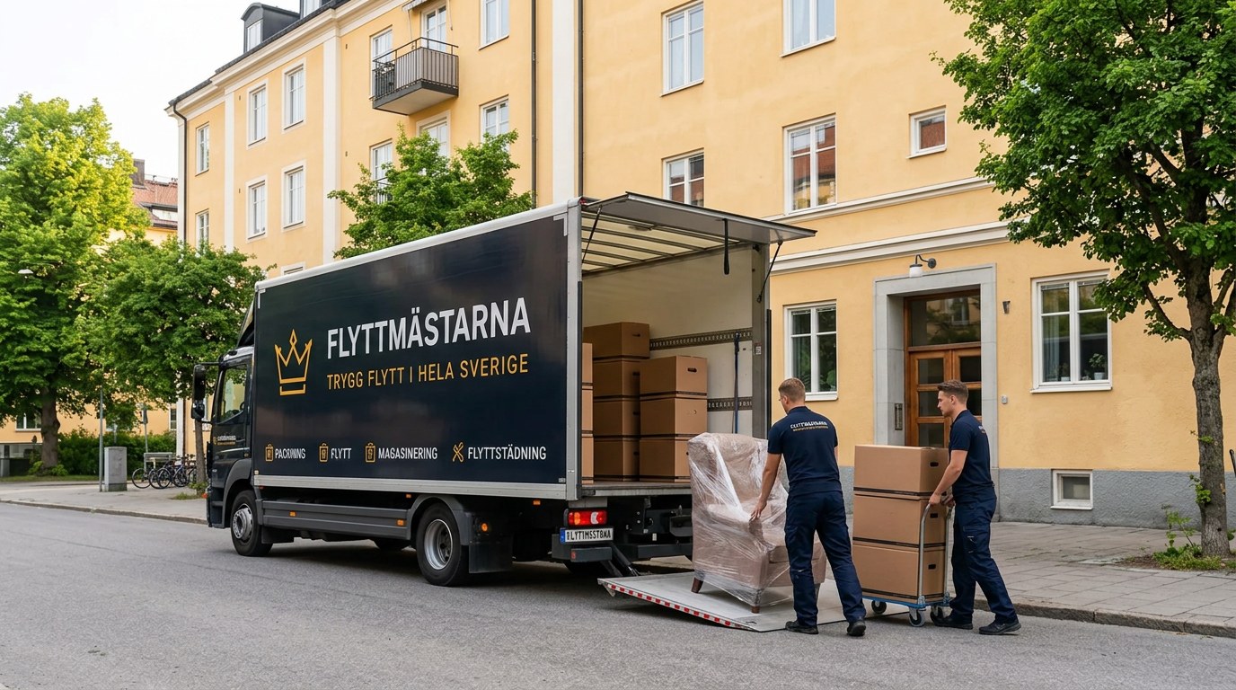 Flyttare lastar kartonger i flyttbilen utanför en bostad