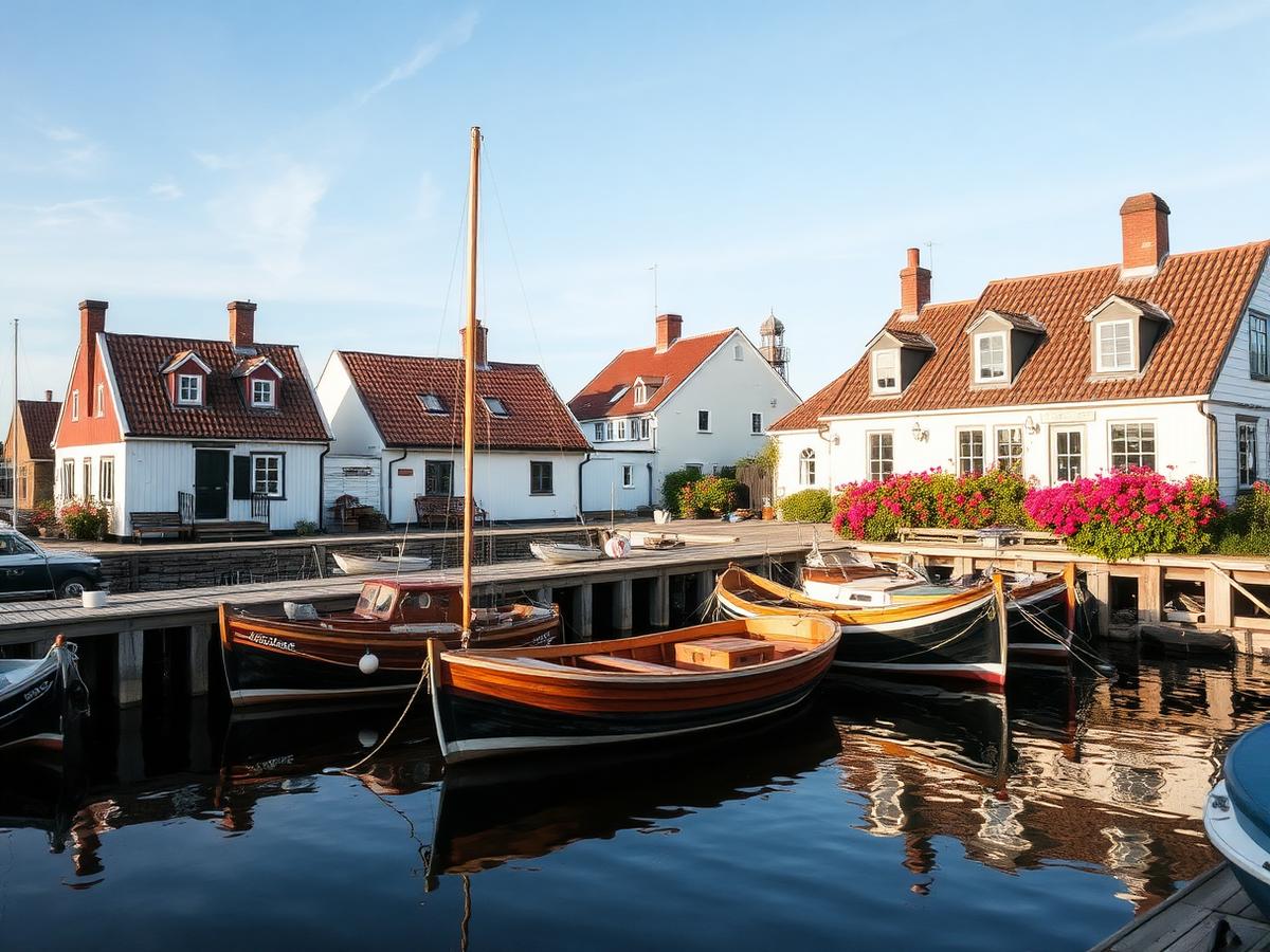 Fiskebåtar och vita hus i Simrishamns hamn