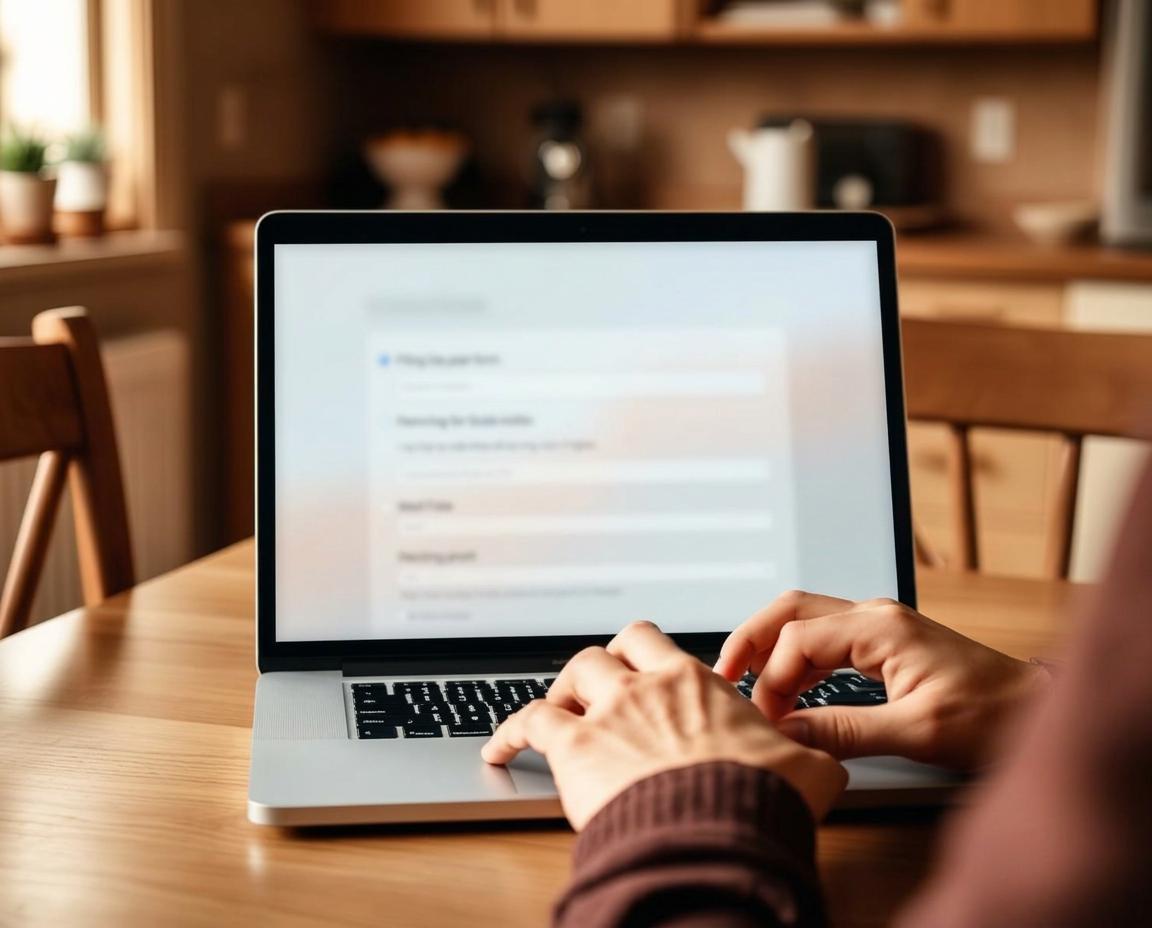 Person fyller i offertformuläret på en laptop vid köksbordet