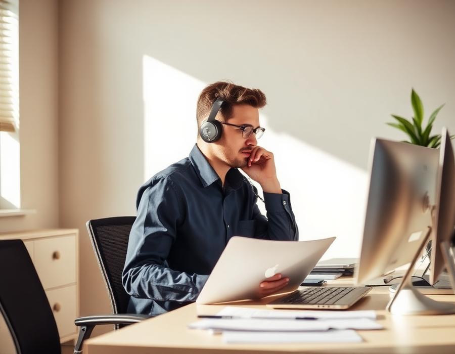 Flyttrådgivare med headset talar i telefon på kontoret