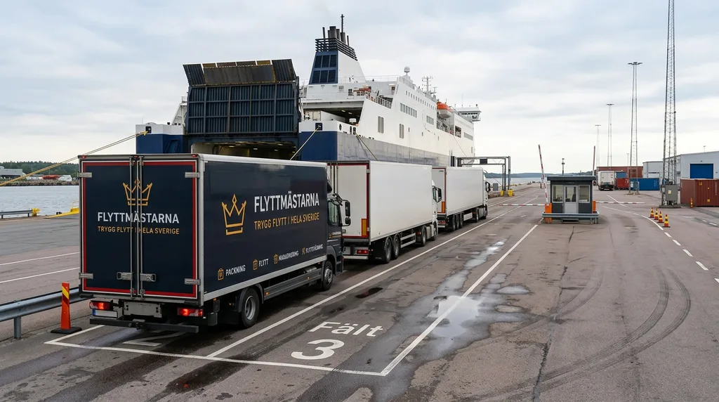 Flyttmästarnas flyttbil står i kö i färjeterminalens lastbilsfil inför ombordkörning