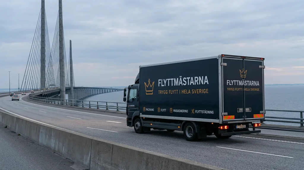 Flyttbil på en bro över havet på väg ut i Europa